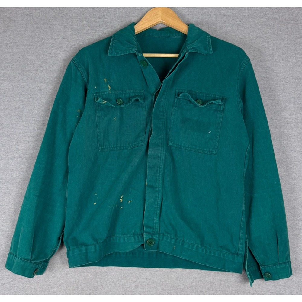 Vintage French Chore Jacket Green Cotton Twill Workwear Coat Large